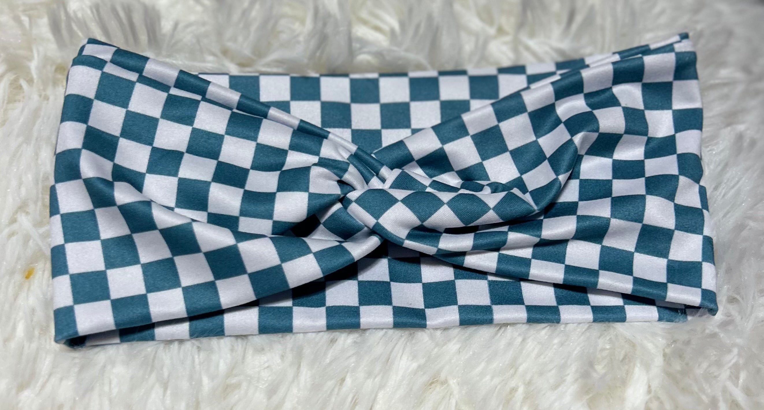 Teal and White Checker Print Headband
