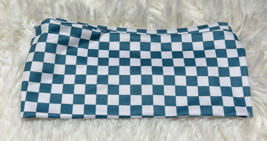Teal and White Checker Print Headband