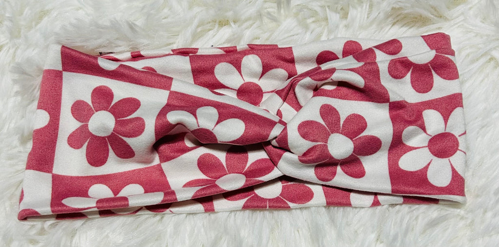 Pink Flowers Checker Print Headband