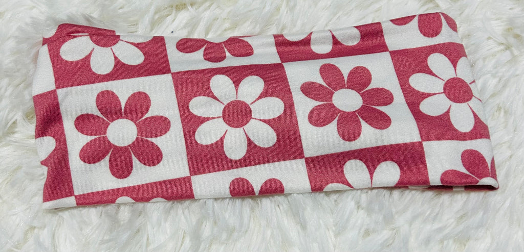 Pink Flowers Checker Print Headband