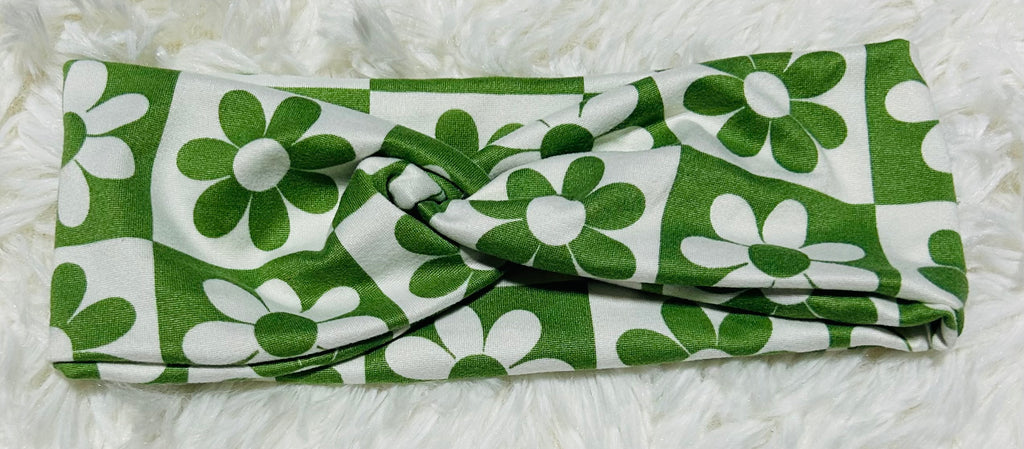 Green Flowers Checker Print Headband