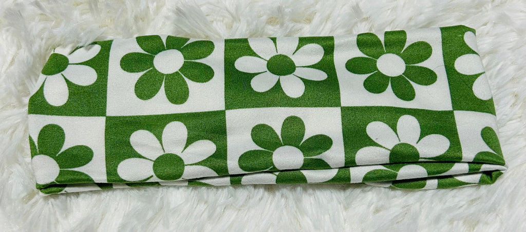 Green Flowers Checker Print Headband