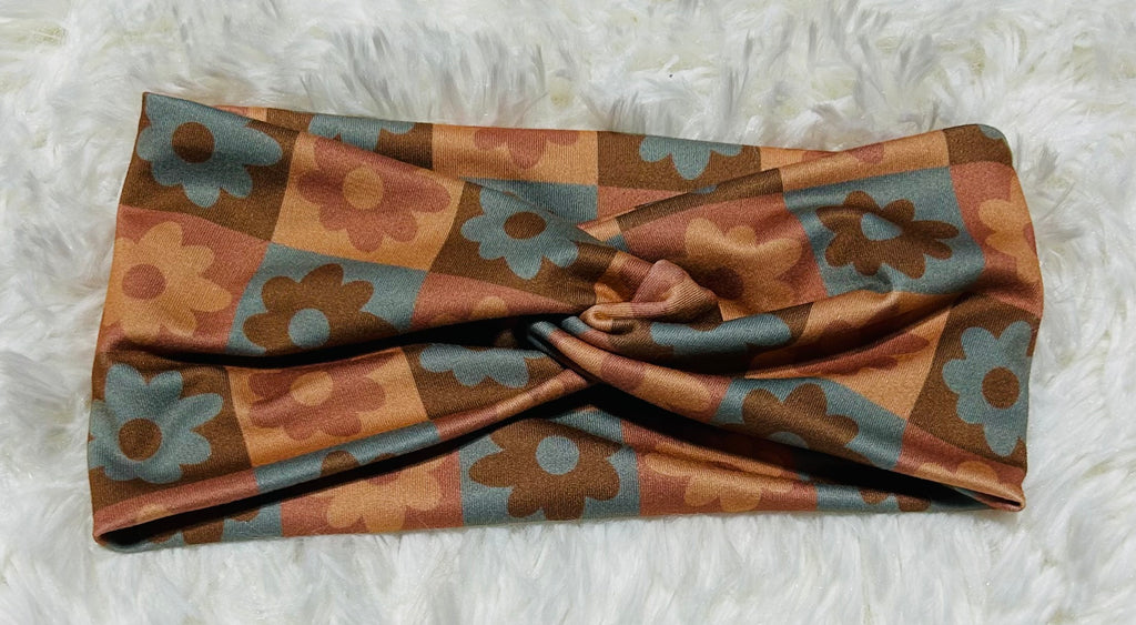 Browns and Blues Flowers Checker Print Headband