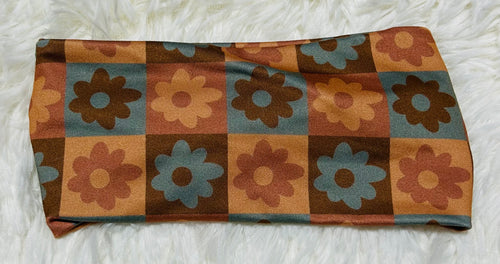 Browns and Blues Flowers Checker Print Headband
