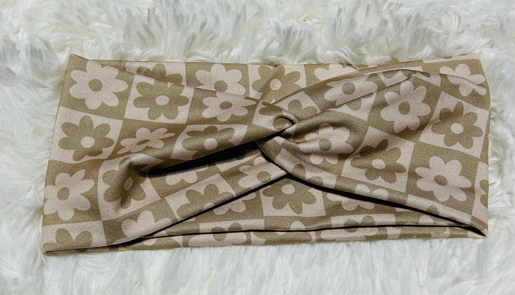 Beige Flowers Checker Print Headband