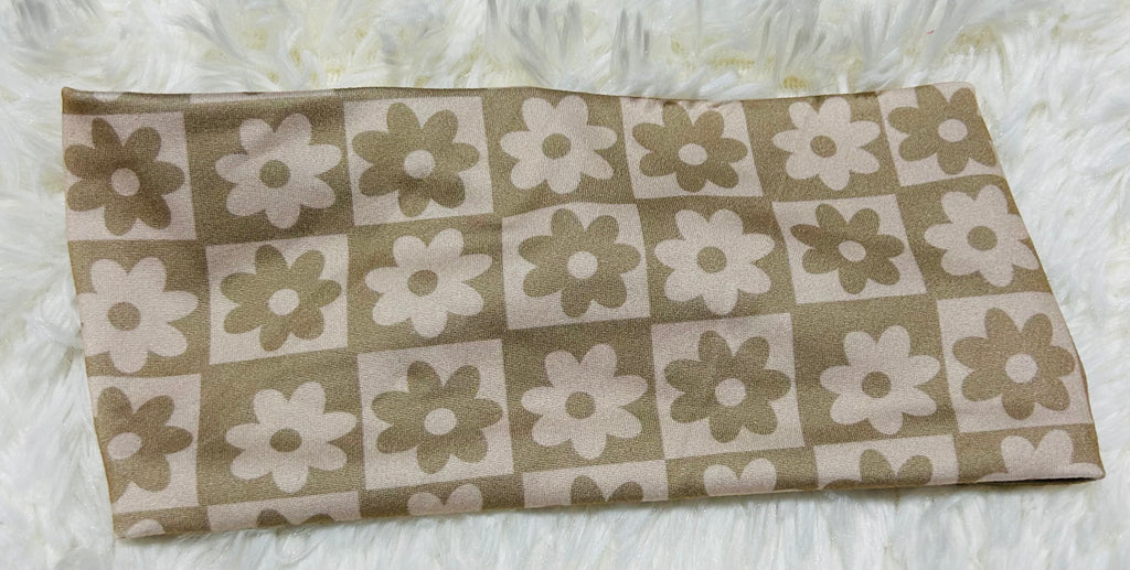 Beige Flowers Checker Print Headband