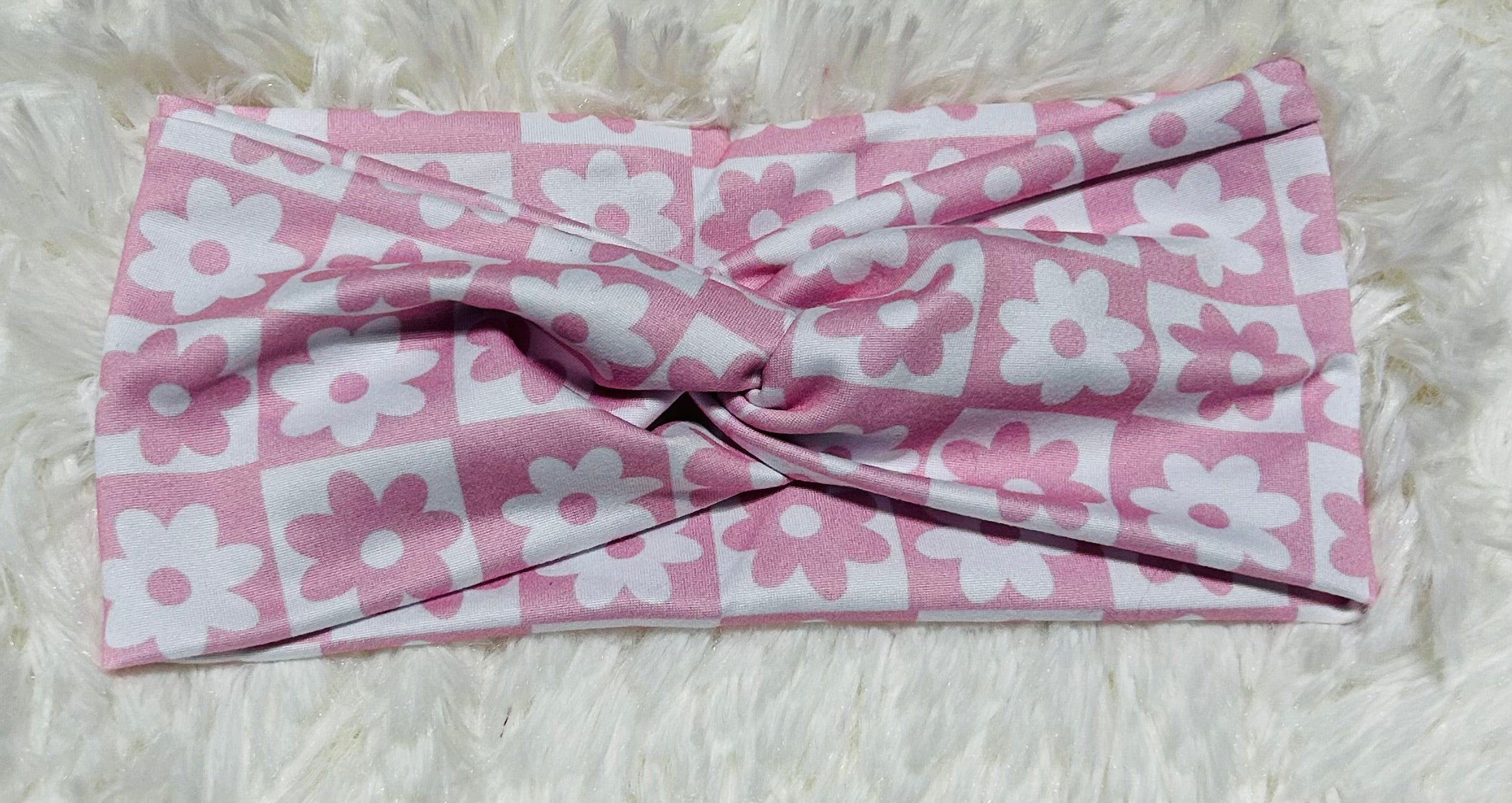 Light Pink Flowers Checkered Headband