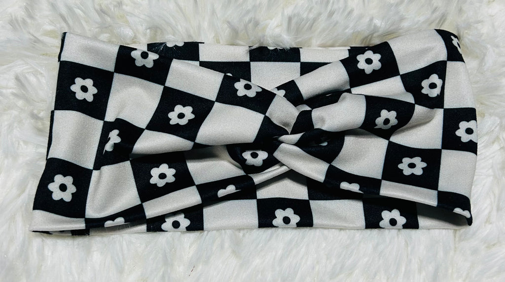White Flowers on Black Checker Print Headband