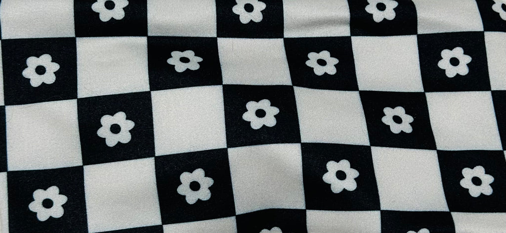 White Flowers on Black Checker Print Headband
