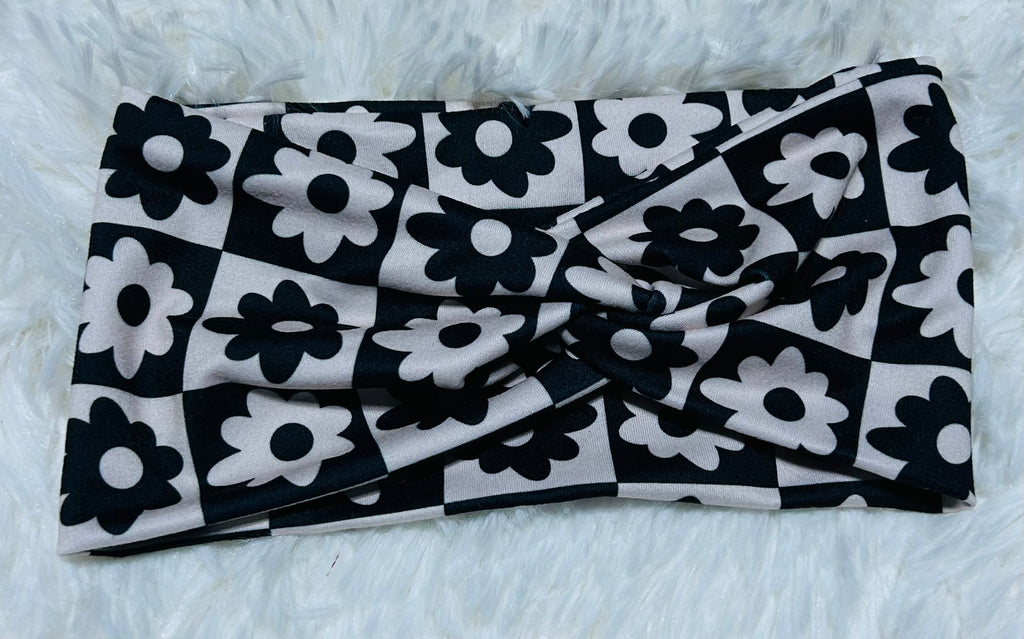 Black and White Flowers Checker Print Headband