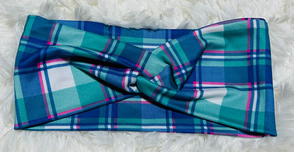 Aqua/Pink Plaid Headband