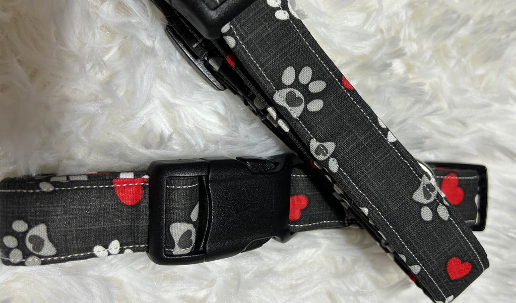 Black with Grey/Red Hearts Pet Collars
