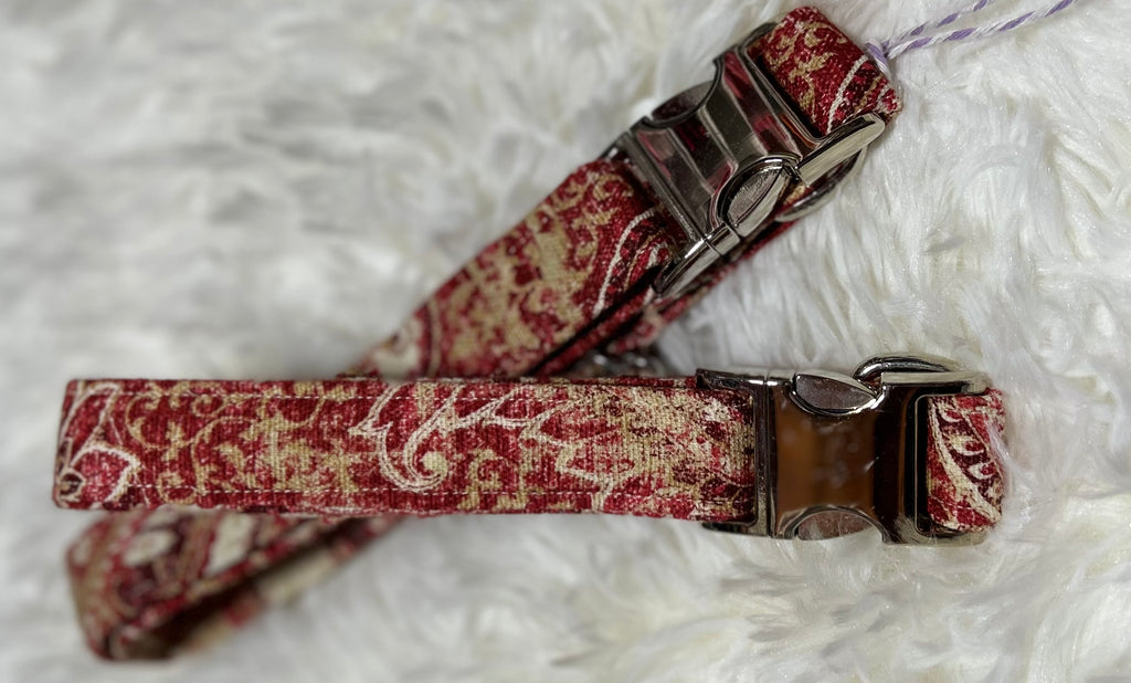 Red Paisley Pet Collars with Metal Hardware