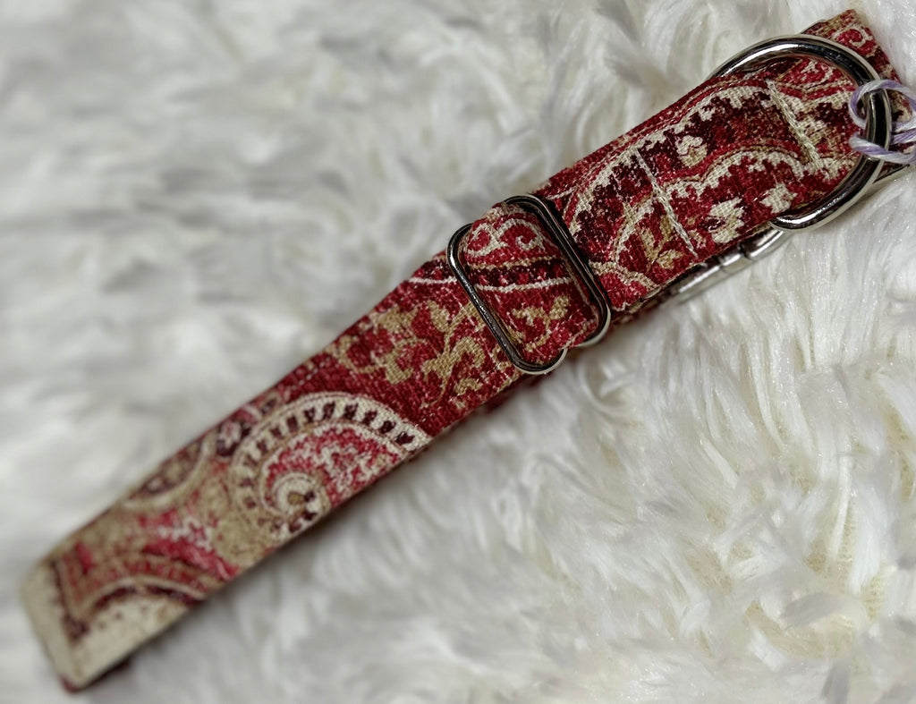 Red Paisley Pet Collars with Metal Hardware