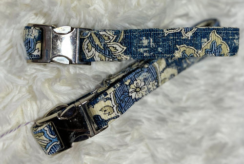 Blue Paisley Pet Collars with Metal Hardware
