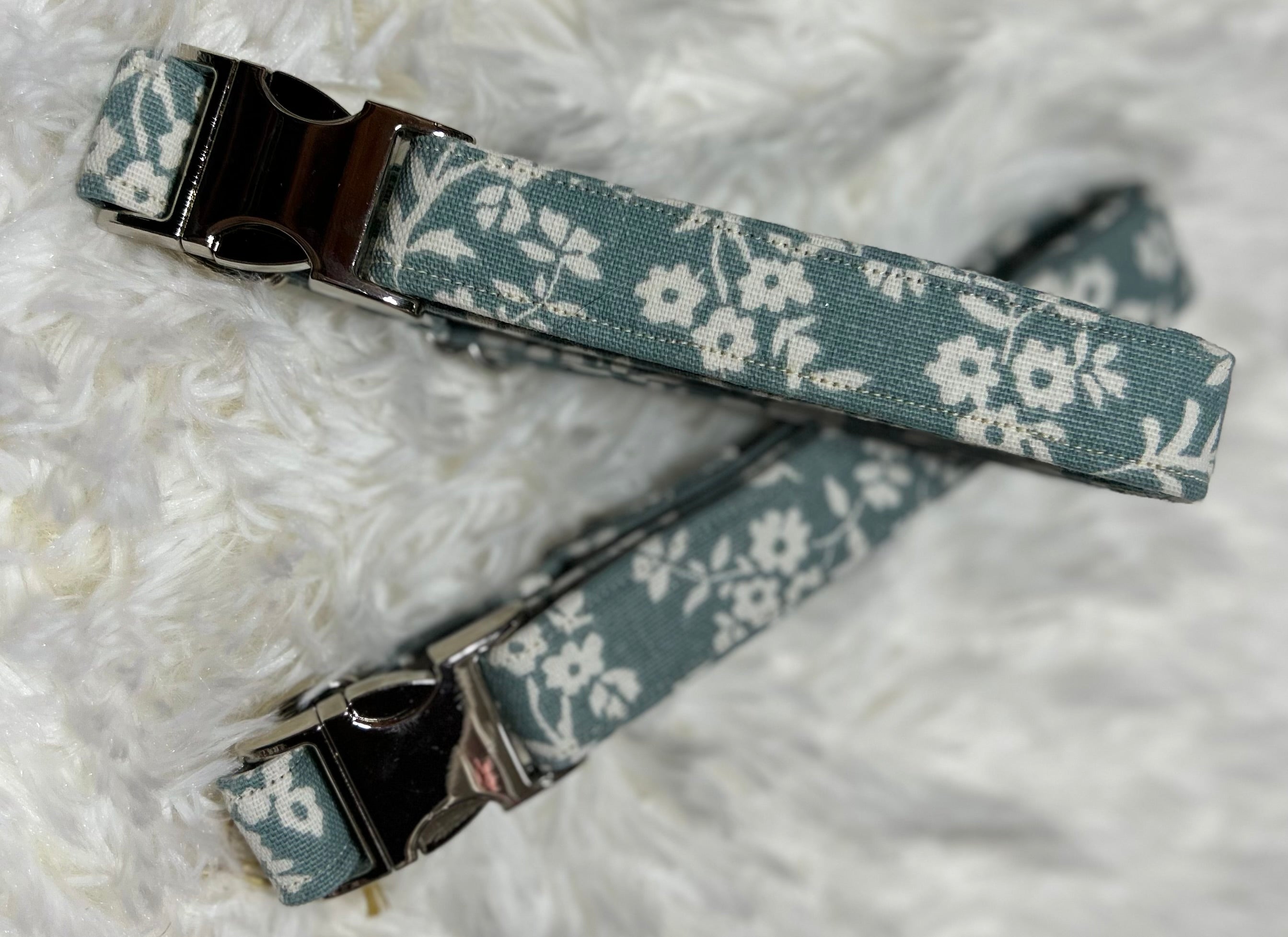 Slate Blue Floral Pet Collars with Metal Hardware