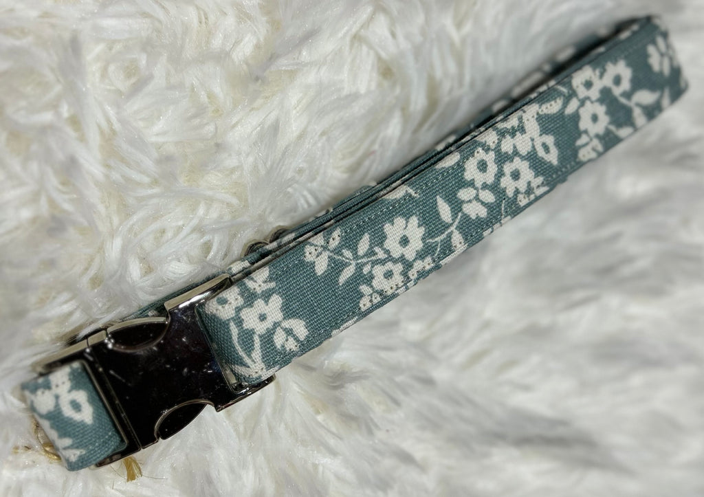 Slate Blue Floral Pet Collars with Metal Hardware