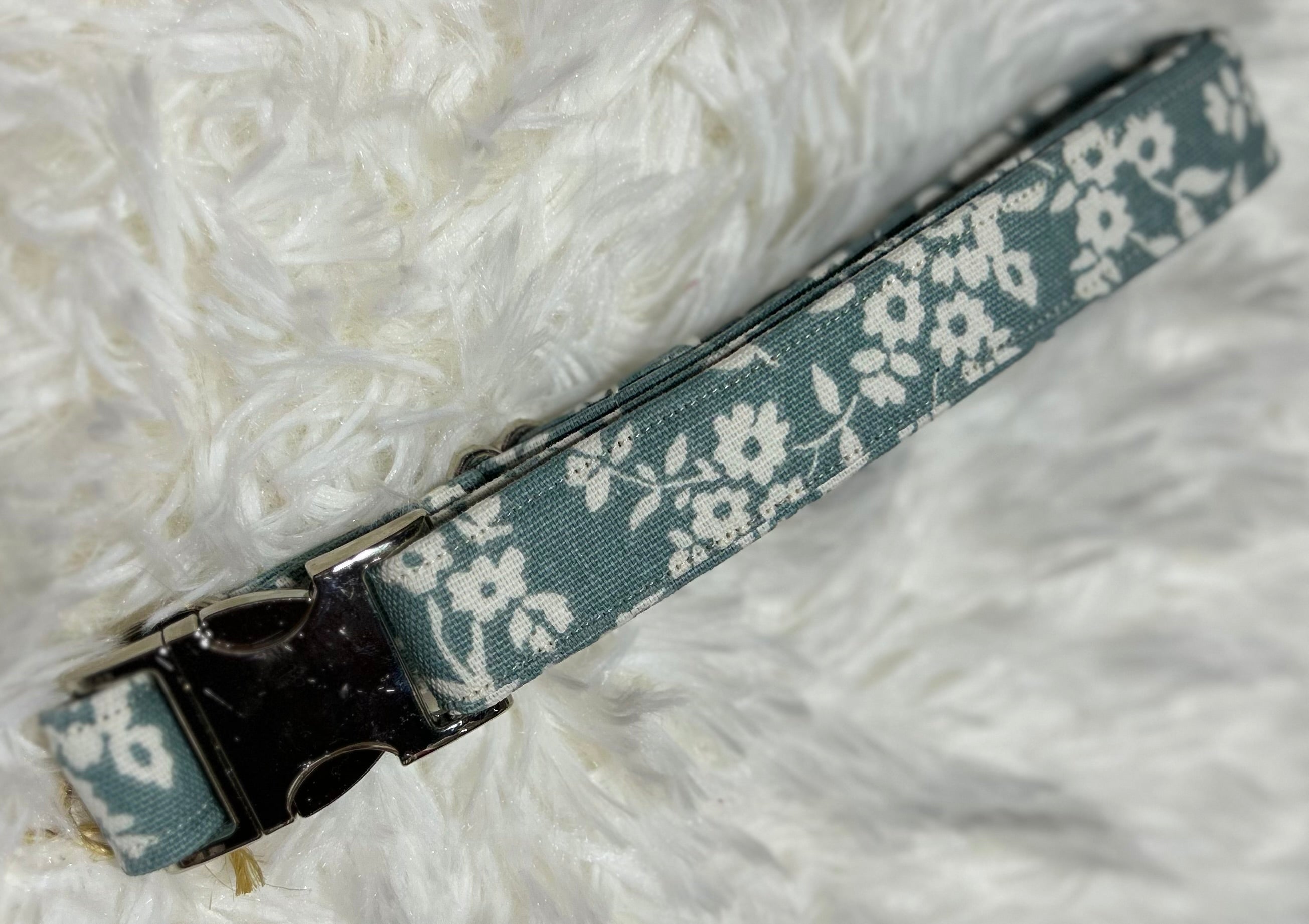Slate Blue Floral Pet Collars with Metal Hardware