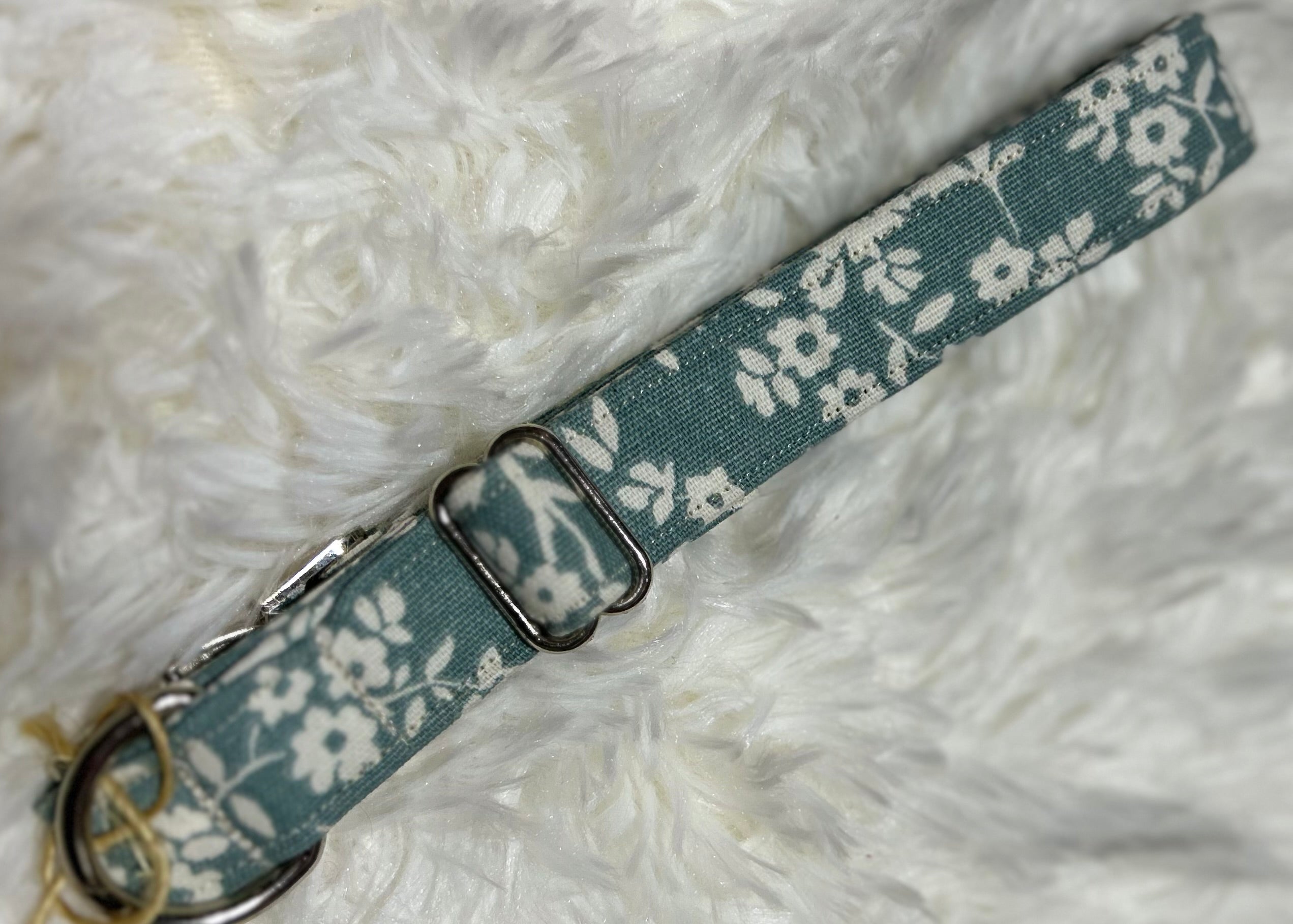 Slate Blue Floral Pet Collars with Metal Hardware