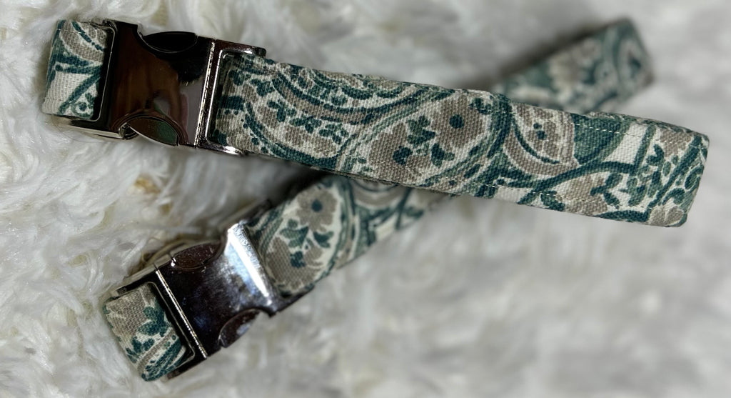 Green/Grey Floral Pet Collars with Metal Hardware