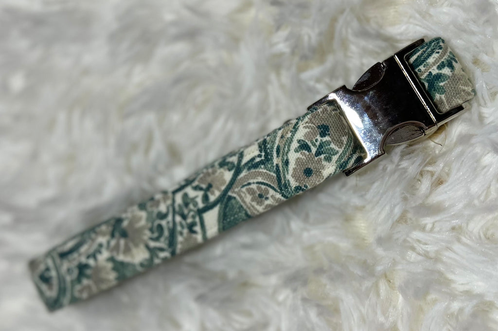 Green/Grey Floral Pet Collars with Metal Hardware
