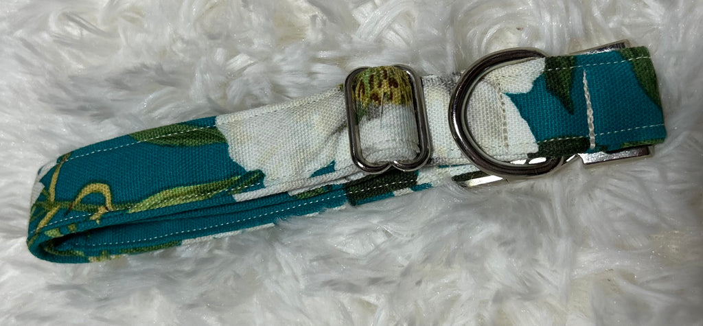 Aqua Floral Pet Collars with Metal Hardware