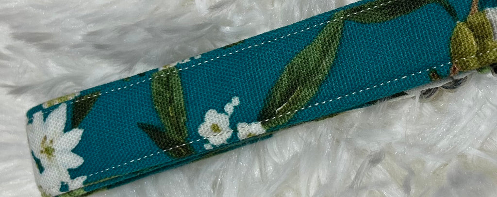 Aqua Floral Pet Collars with Metal Hardware