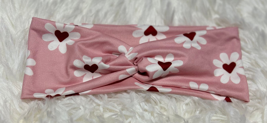 Pink with Heart Flowers Valentine Headband