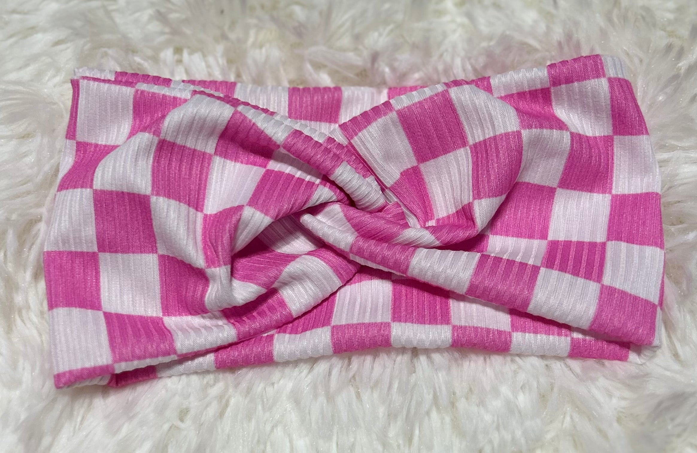 Light Pink and White Checker Print 4x2 Rib Headband