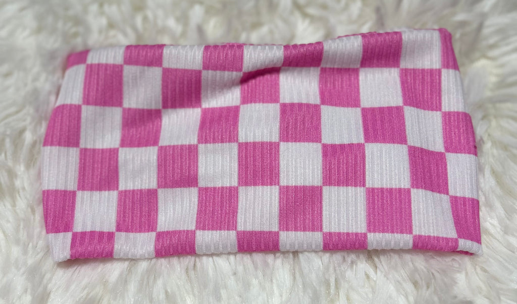 Light Pink and White Checker Print 4x2 Rib Headband