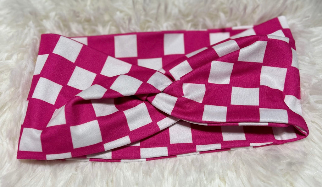 Pink and White Checker Print Headband