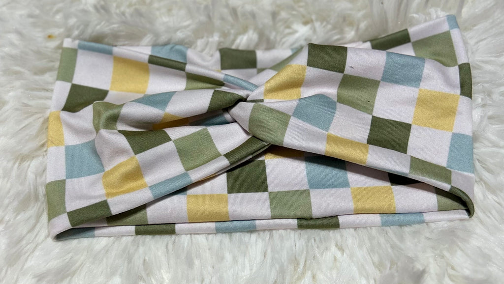 Yellow/Green/Blue/White Checker Print Headband