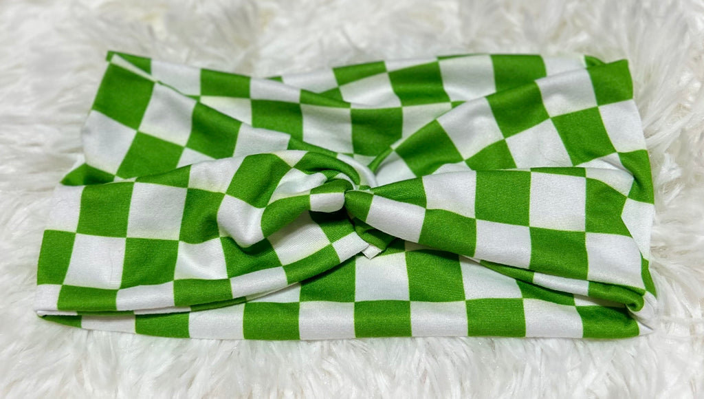 Green and White Checker Print Headband