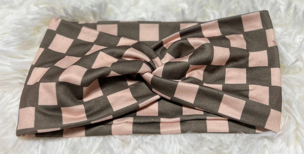 Peach and Olive Checker Print Headband