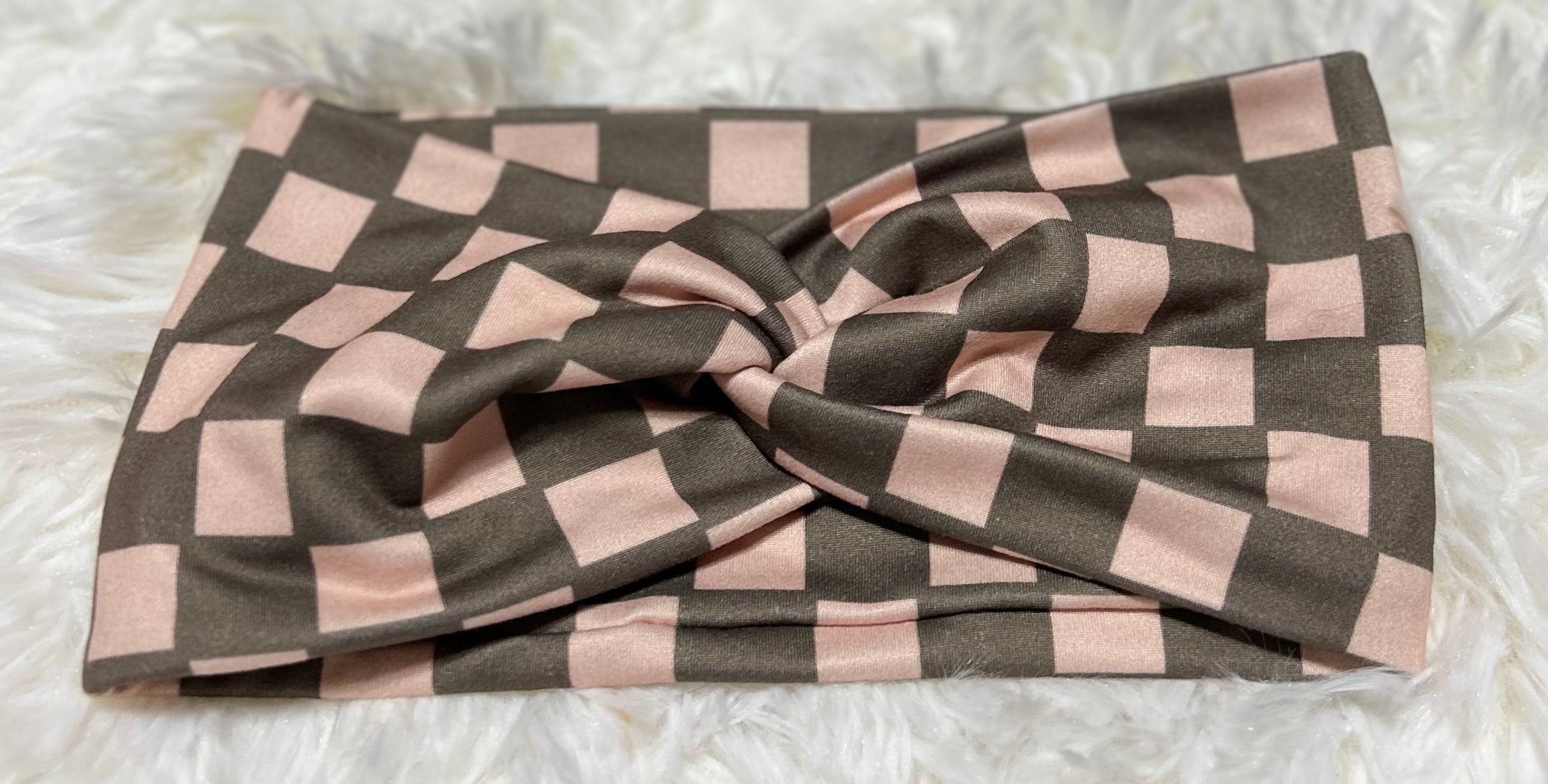 Peach and Olive Checker Print Headband