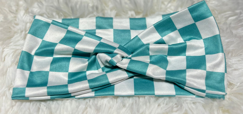 Aqua Blue and White Checker Print Headband