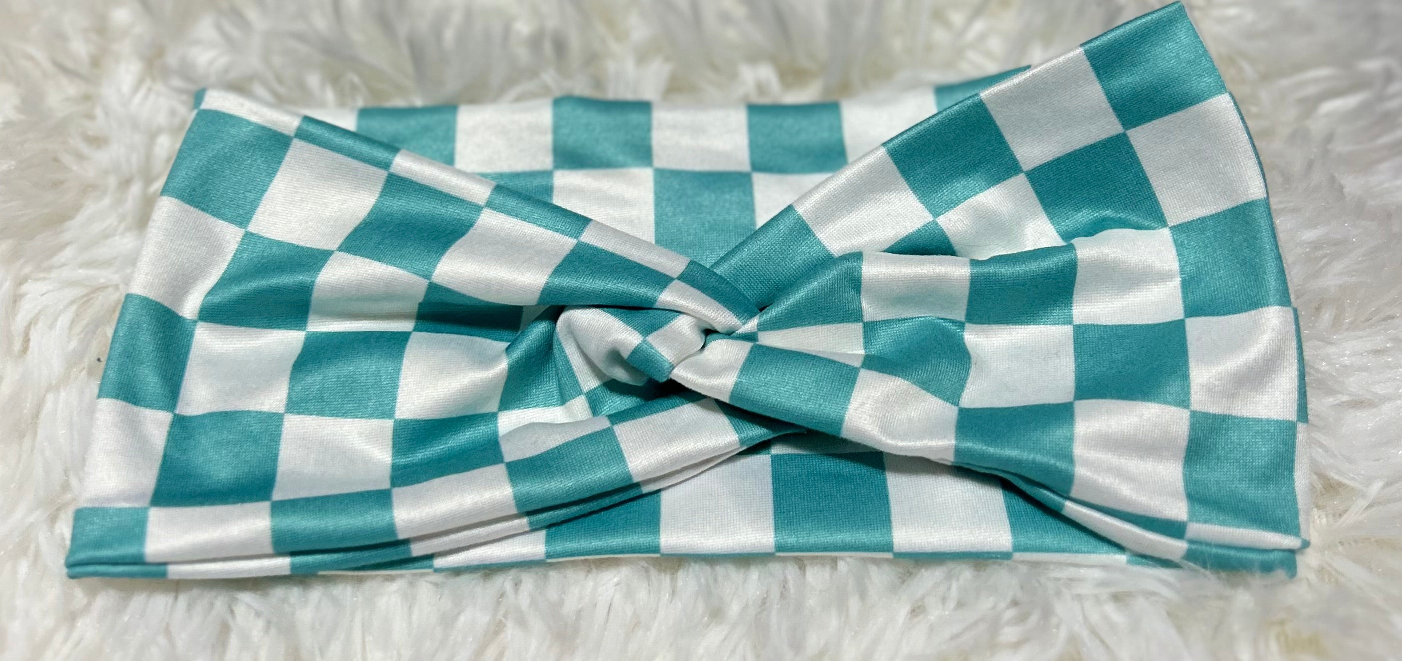 Aqua Blue and White Checker Print Headband