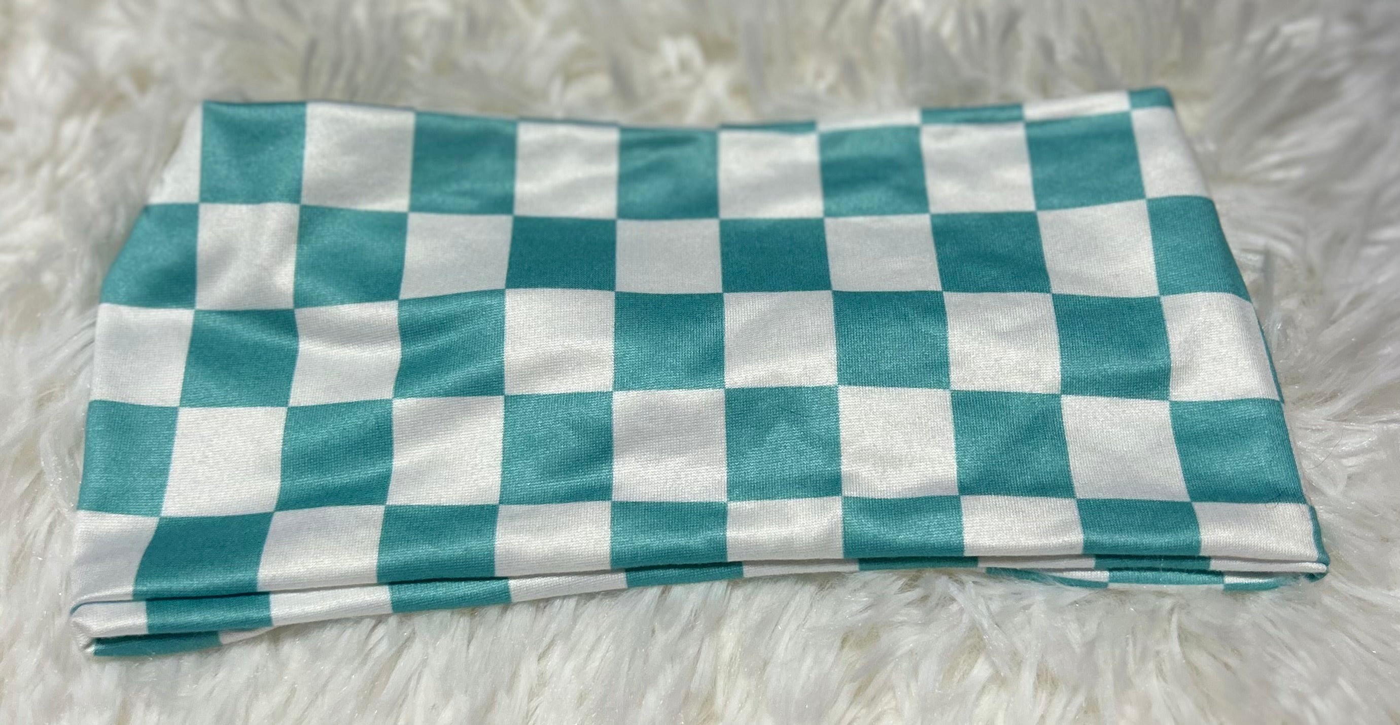 Aqua Blue and White Checker Print Headband