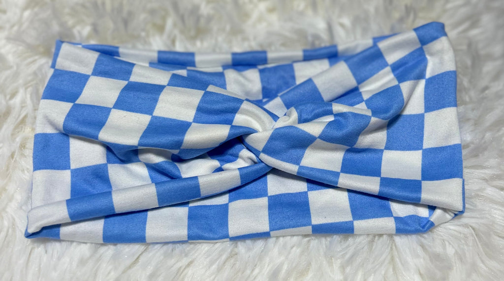 Light Blue and White Checker Print Headband