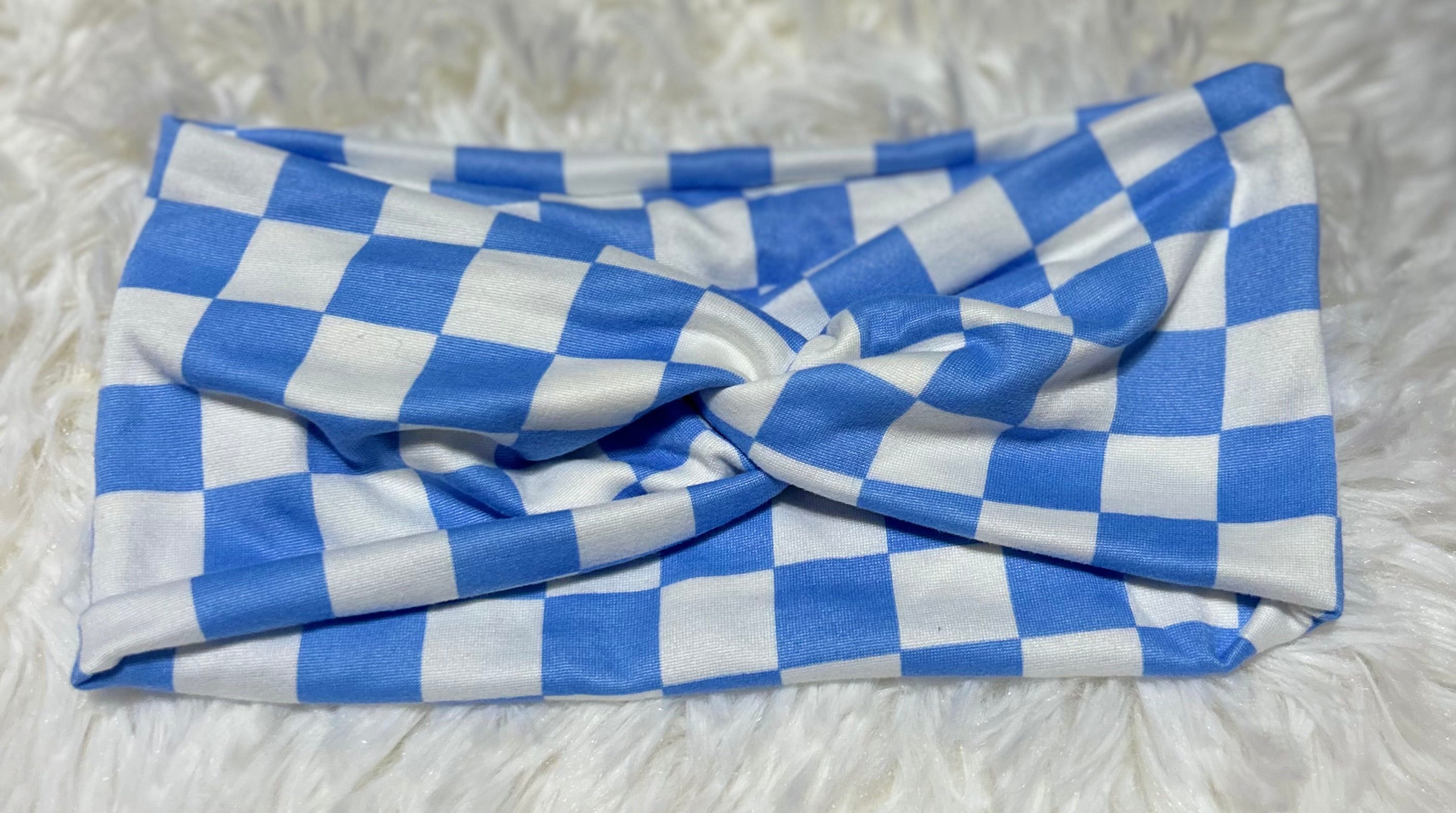 Light Blue and White Checker Print Headband