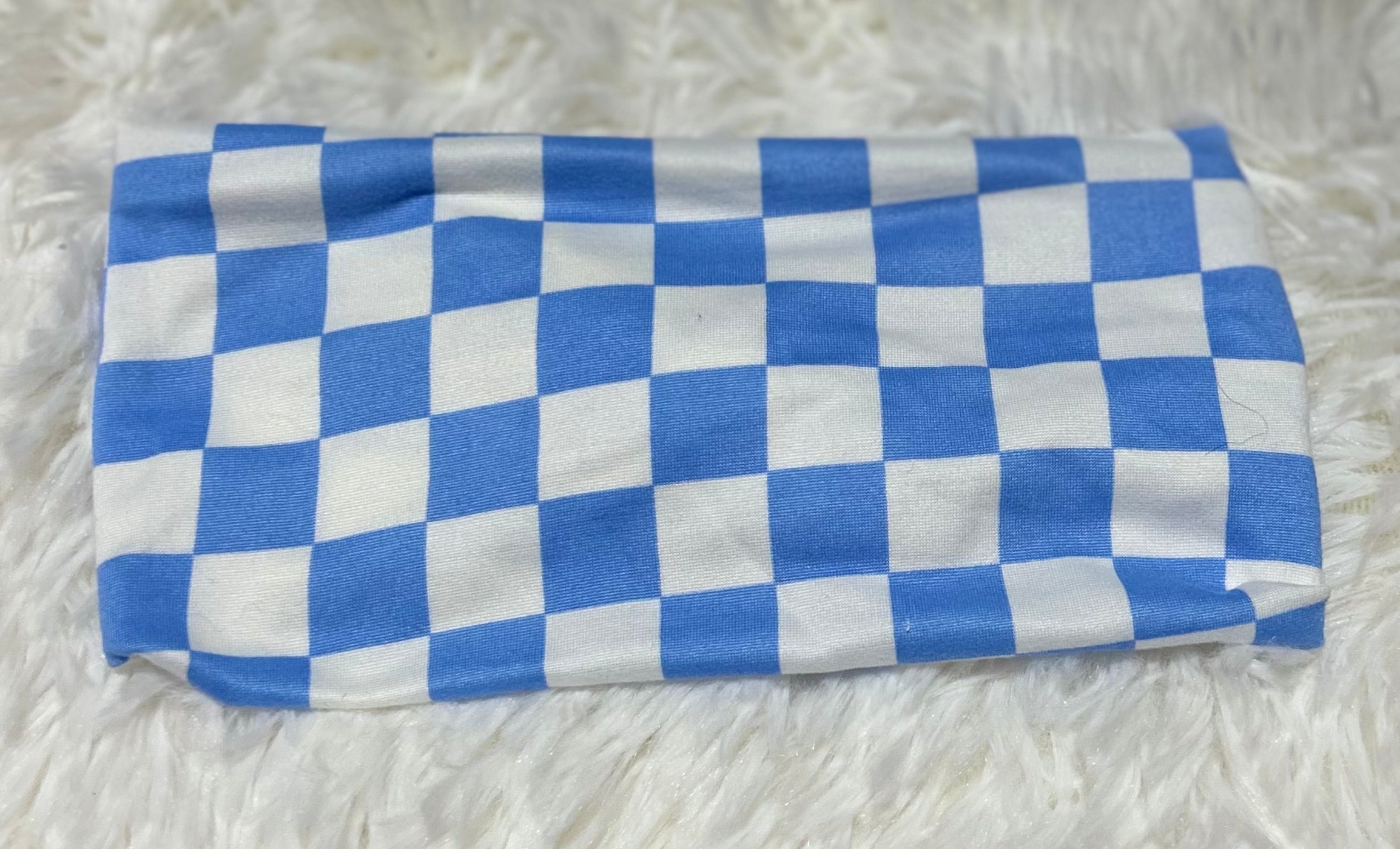 Light Blue and White Checker Print Headband