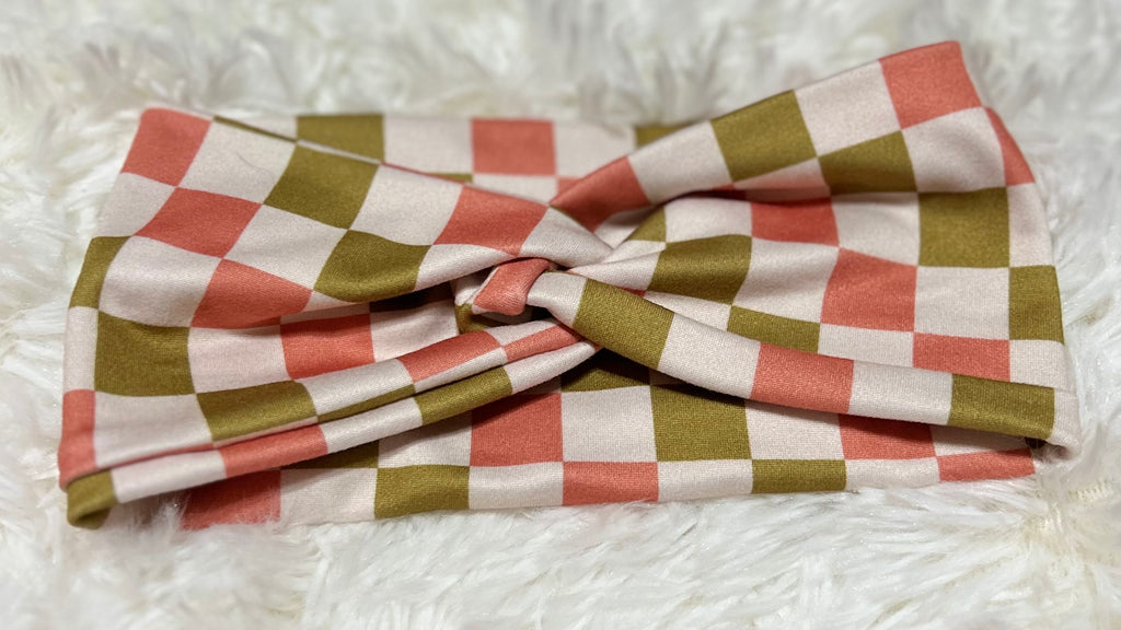 Salmon/Olive and White Checker Print Headband