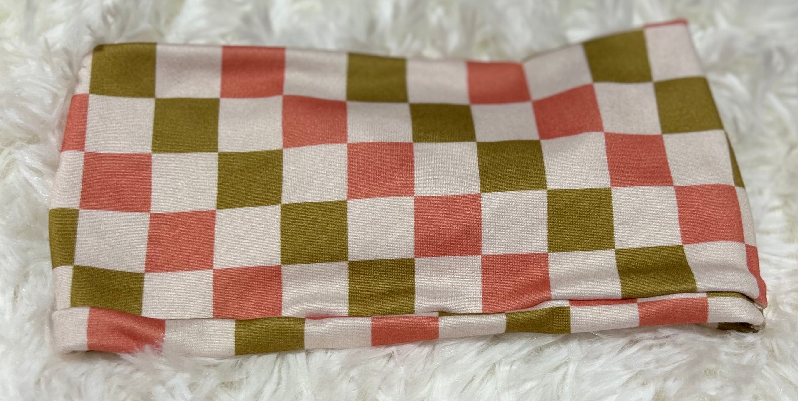 Salmon/Olive and White Checker Print Headband