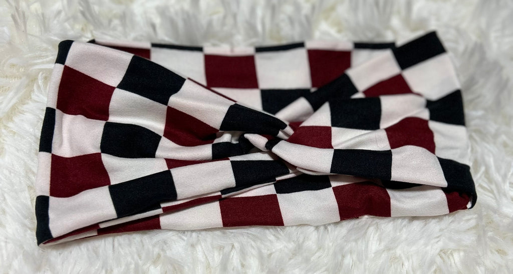 Maroon, Black and White Checker Print Headband